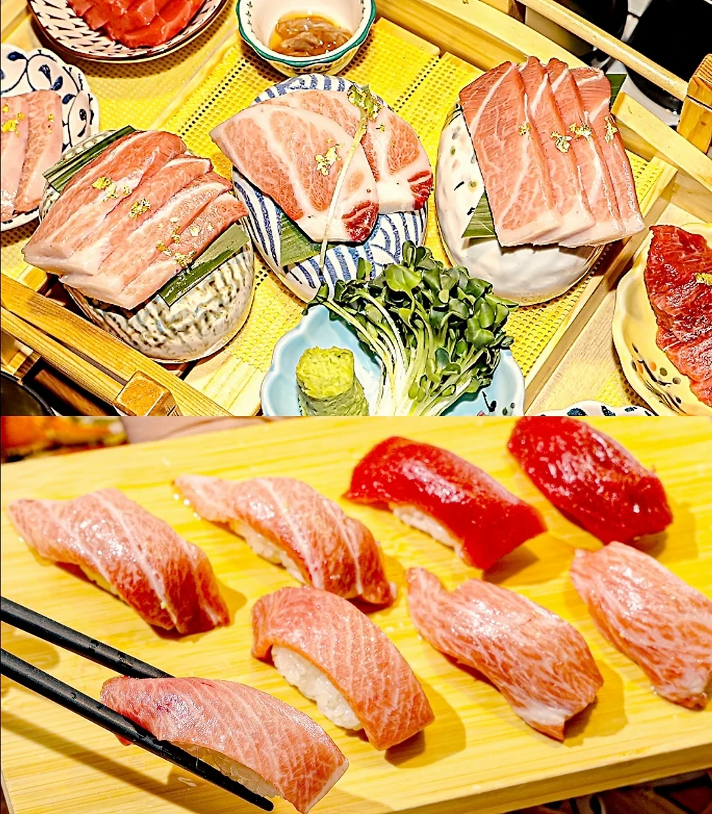 Menu photo featuring tuna sashimi and assorted sushi at Dowon Tuna